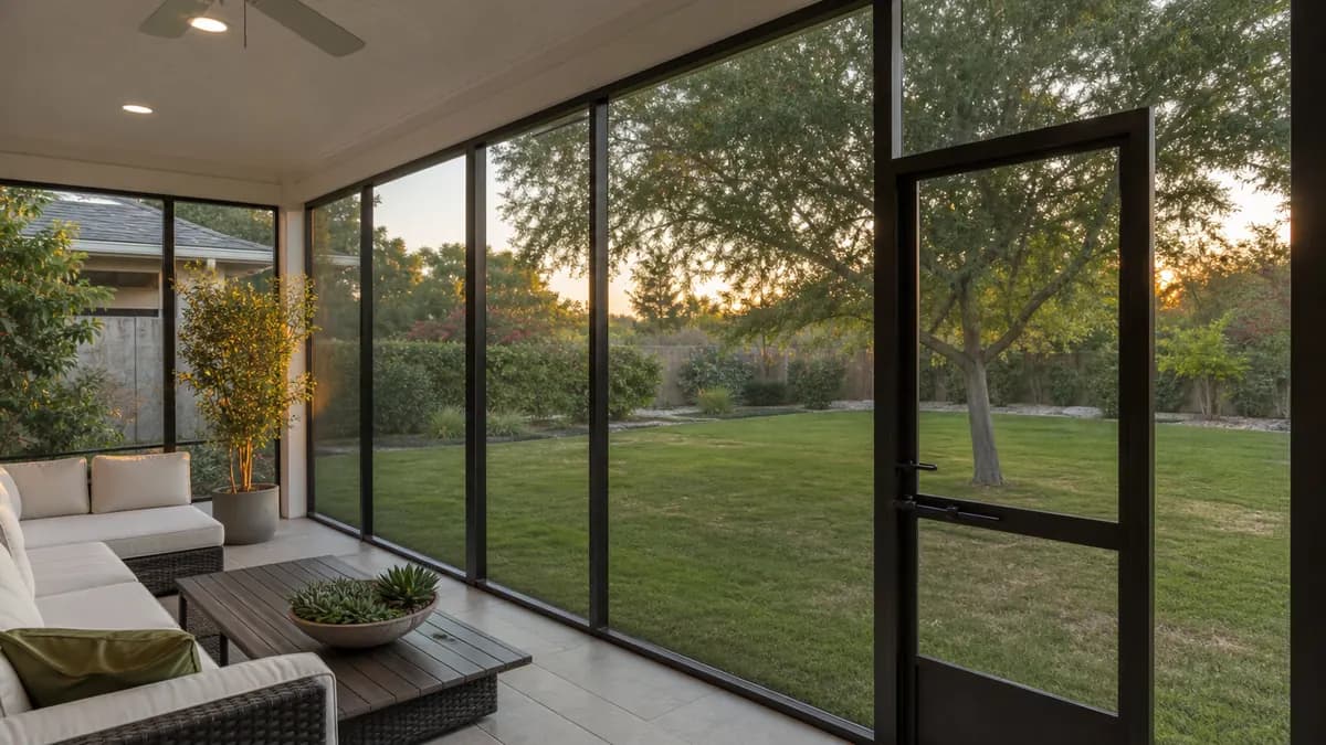 Aluminum screened patio enclosure with a hinged screen door beside a stucco home