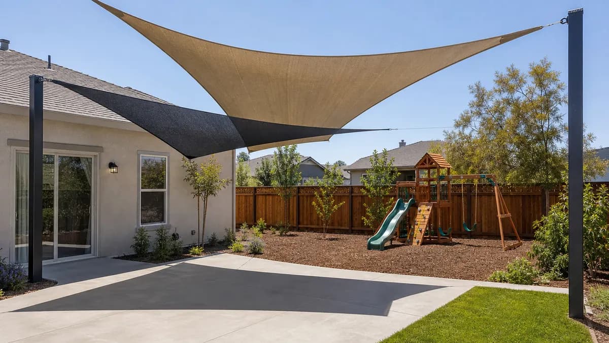 Tan and charcoal shade sails stretched over a patio and play area