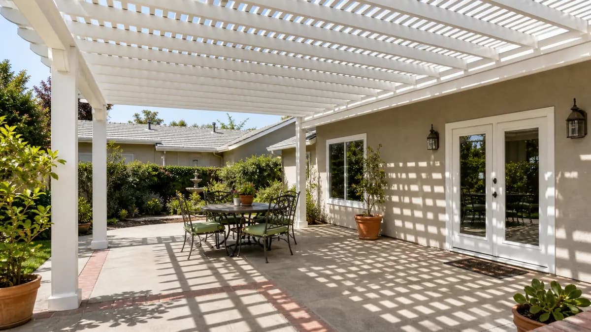 White aluminum lattice patio cover casting striped shade on a concrete patio