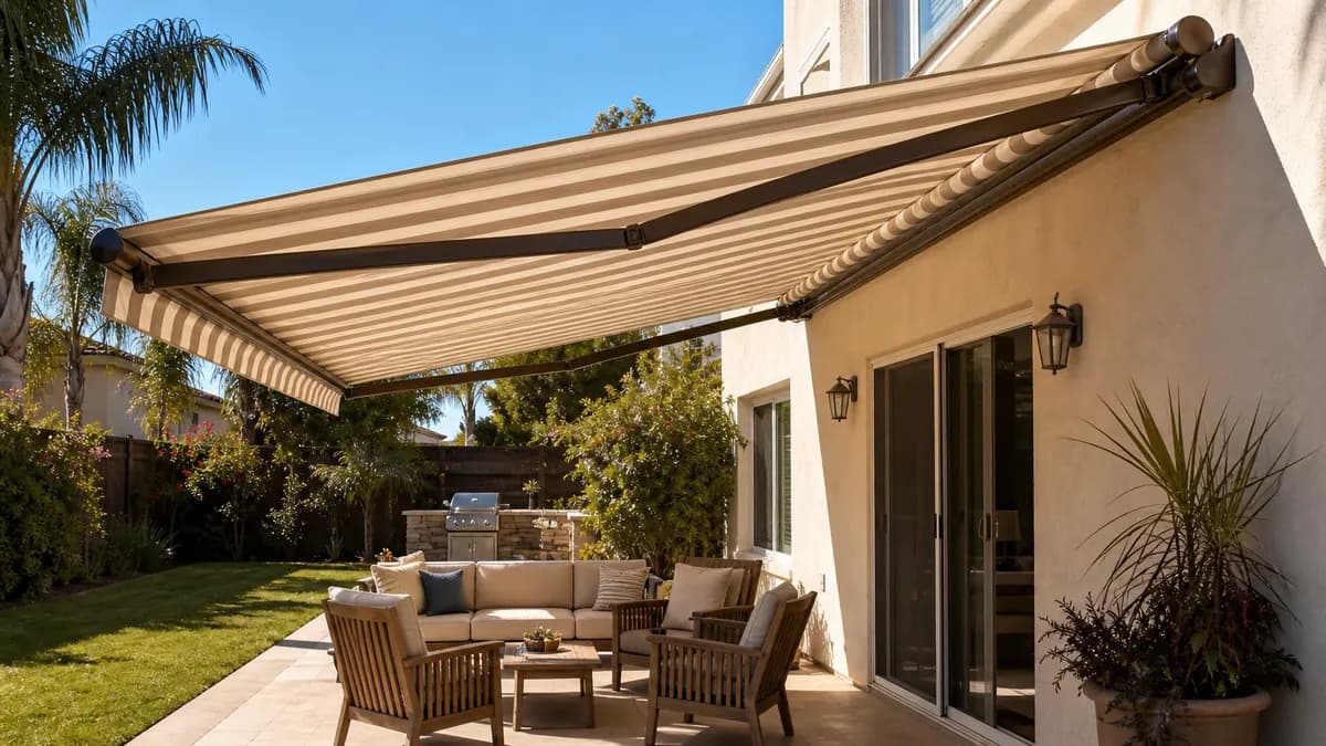 Tan and cream striped retractable fabric awning extended over a back patio with outdoor seating