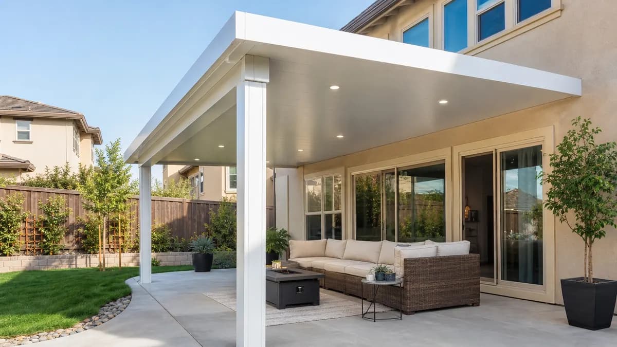 White insulated aluminum patio cover with recessed ceiling lights over an outdoor sofa behind a stucco home