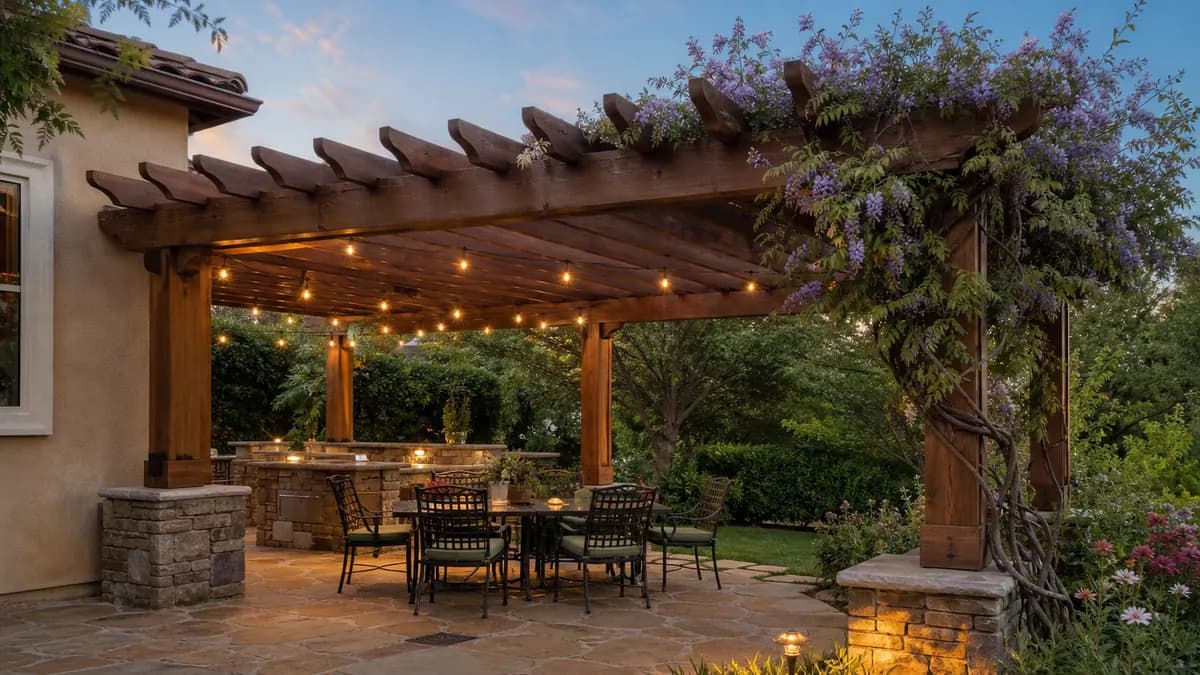 Stained wood pergola with wisteria climbing the posts and string lights over a flagstone patio